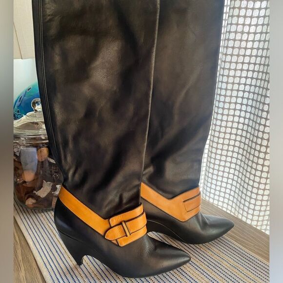 BALENCIAGA Leather Boots Womens Size 38 Black Heels Camel Strap authentic - Picture 1 of 14